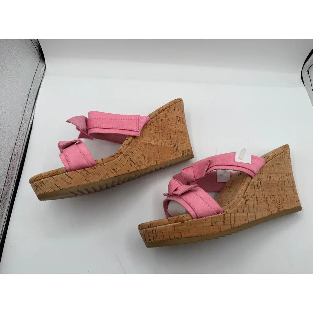 Anne Klein Pink Bow Cork‎ Wedge Sandals Womens Platform Slide Mules